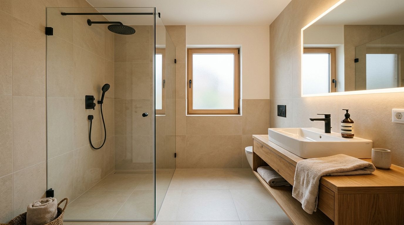 Hochwertig renoviertes barrierearmes Badezimmer mit Holzwäschetisch und ebenerdiger Dusche in Karlsruhe