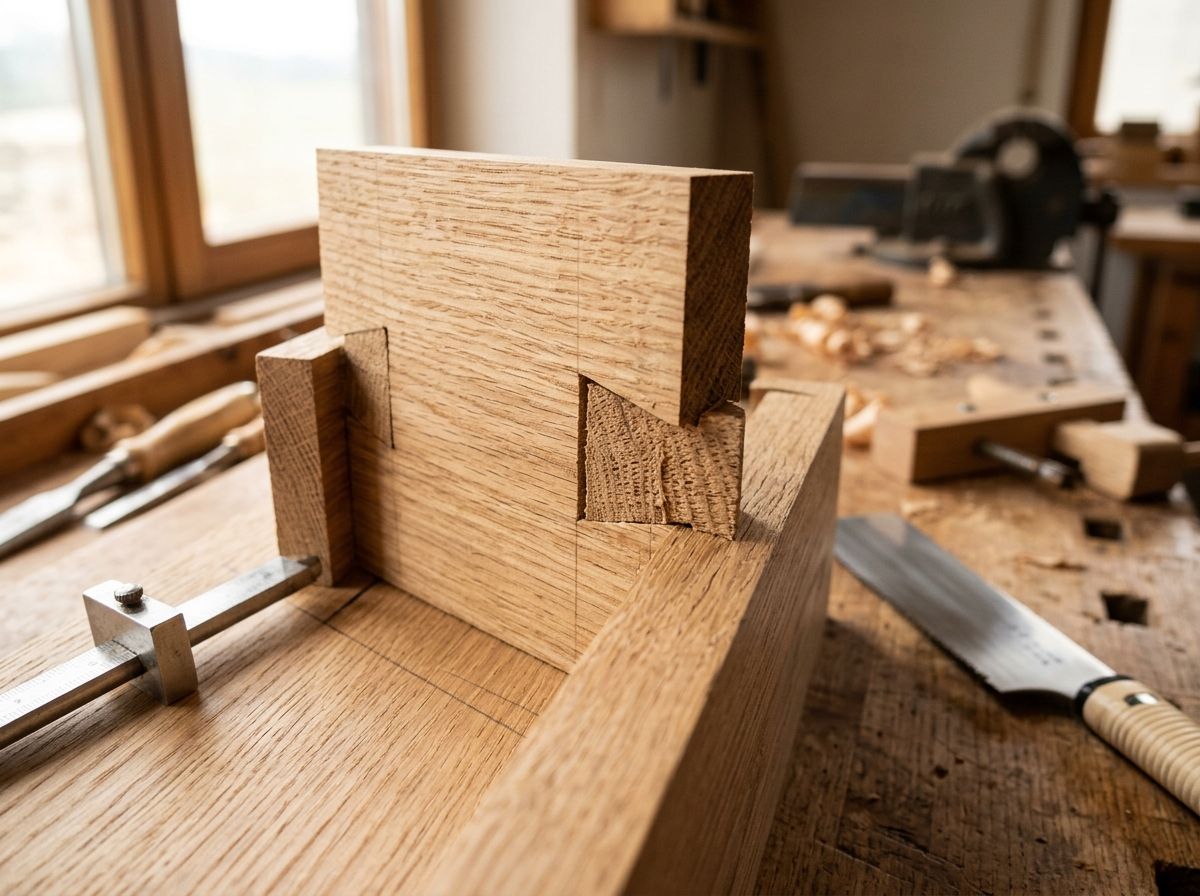 Holzverbindung in Eiche auf der Hobelbank, daneben Streichmaß und Japansäge