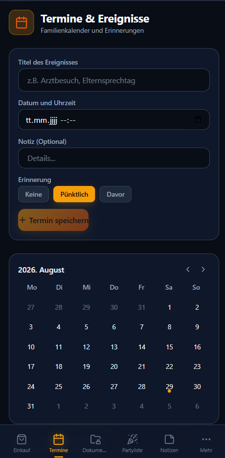 FamilyCool auf dem Handy: gemeinsamer Kalender