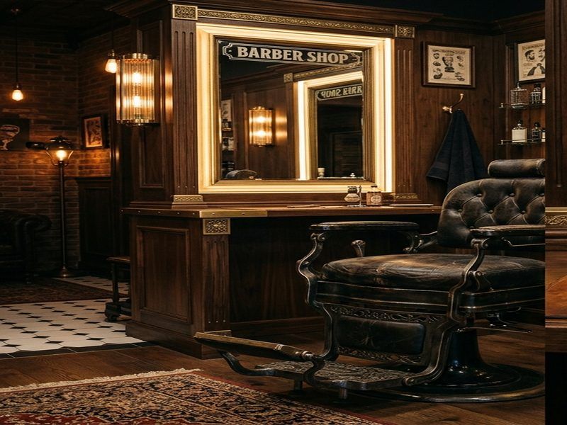 Antiker Leder-Barberstuhl vor einem beleuchteten Spiegel mit „Barber Shop“-Schriftzug