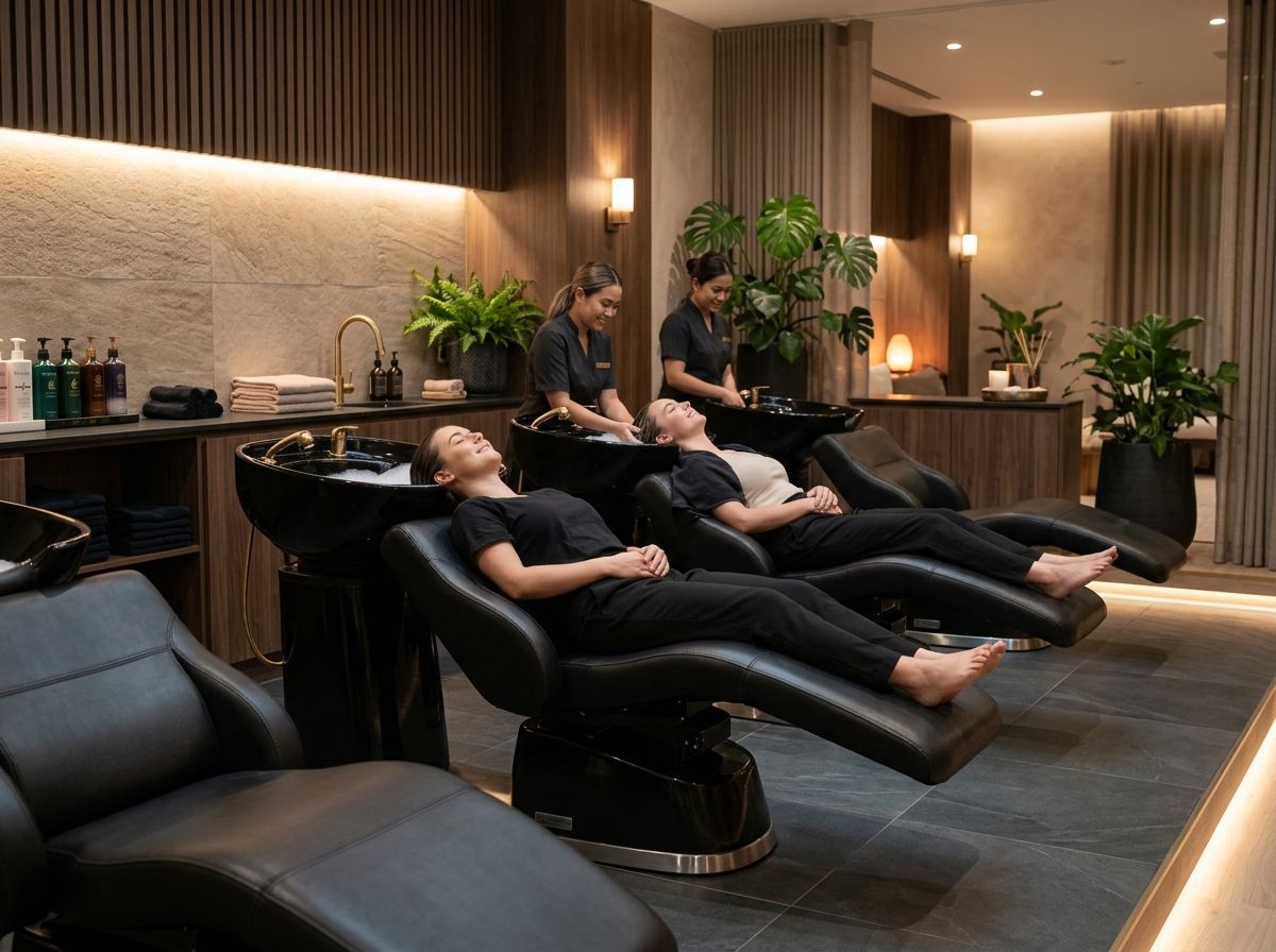 Warmer Haarwaschbereich mit bequemen Liegen und indirektem Licht im Salon Mara
