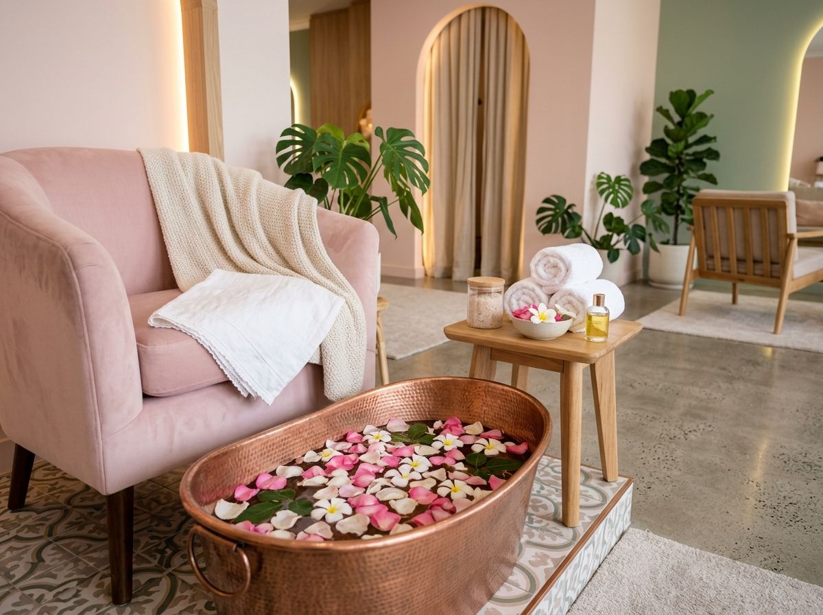 Spa-Pediküre-Bereich mit Kupferbad und Blüten