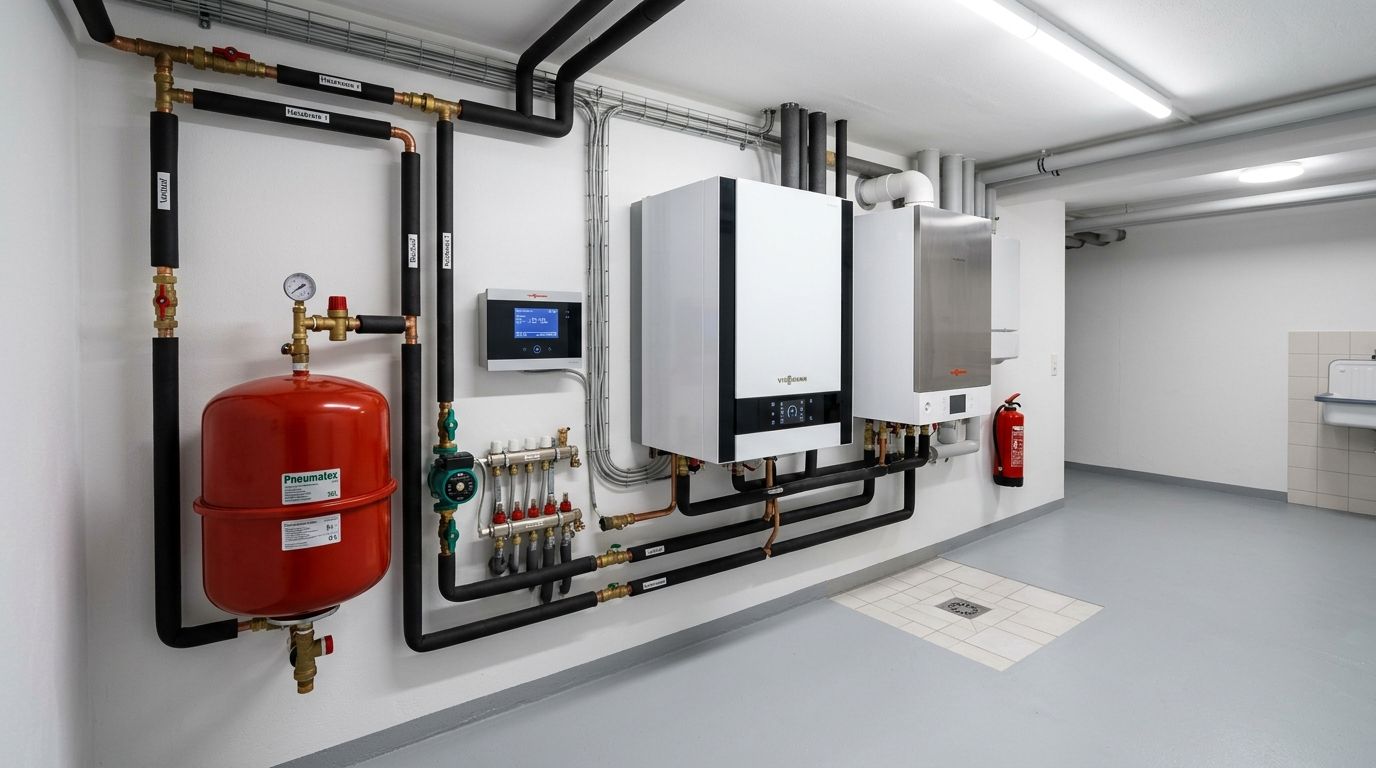 Moderne Hybrid-Heizzentrale mit Wärmepumpe und Speicher in Karlsruhe