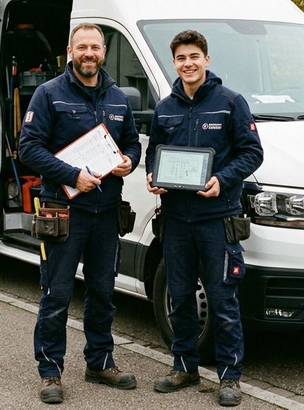 Zwei Elektriker in dunkelblauer Arbeitskleidung mit Klemmbrett und Tablet vor ihrem Servicewagen