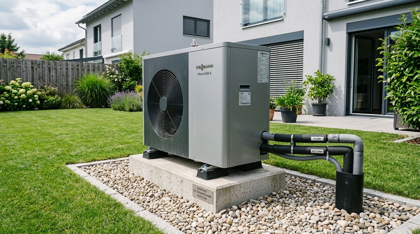 Moderne Luft-Wasser-Wärmepumpe im Garten eines Karlsruher Einfamilienhauses