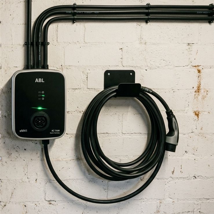 Wallbox an einer weiß gestrichenen Garagenwand, das Ladekabel ordentlich auf einer Halterung aufgerollt